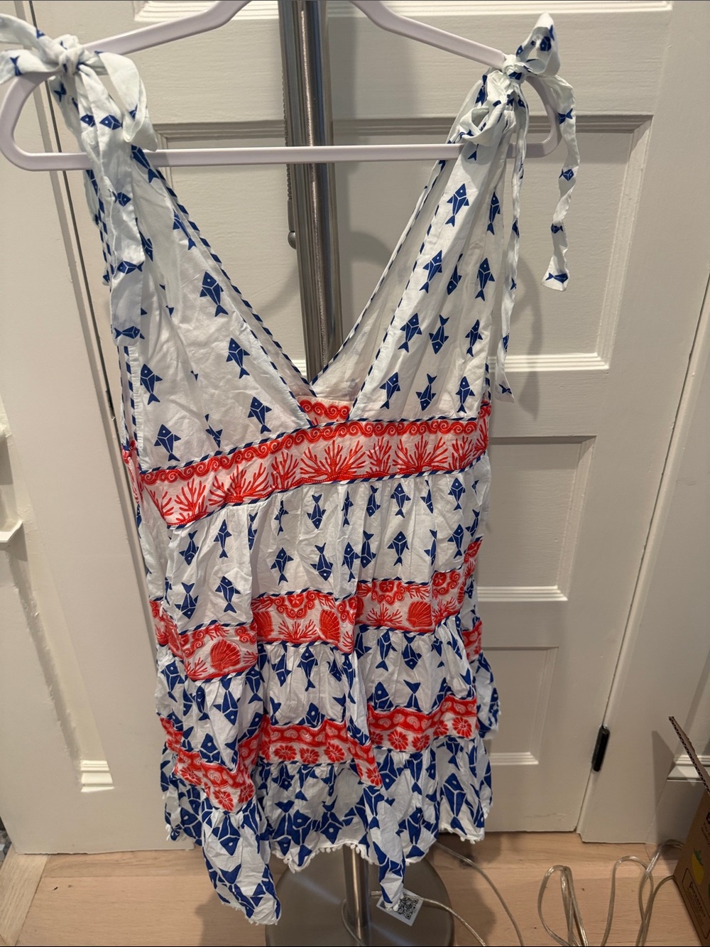 FARM Rio White Mini Dress with Blue Motif & Red Coral Bands - Picture 3 of 4
